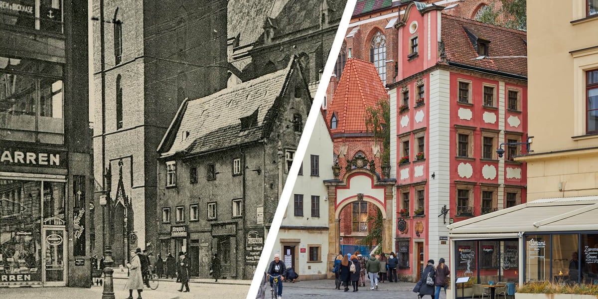 Na zdjęciu widać kamieniczki Jaś i Małgosia - sto lat temu i współcześnie