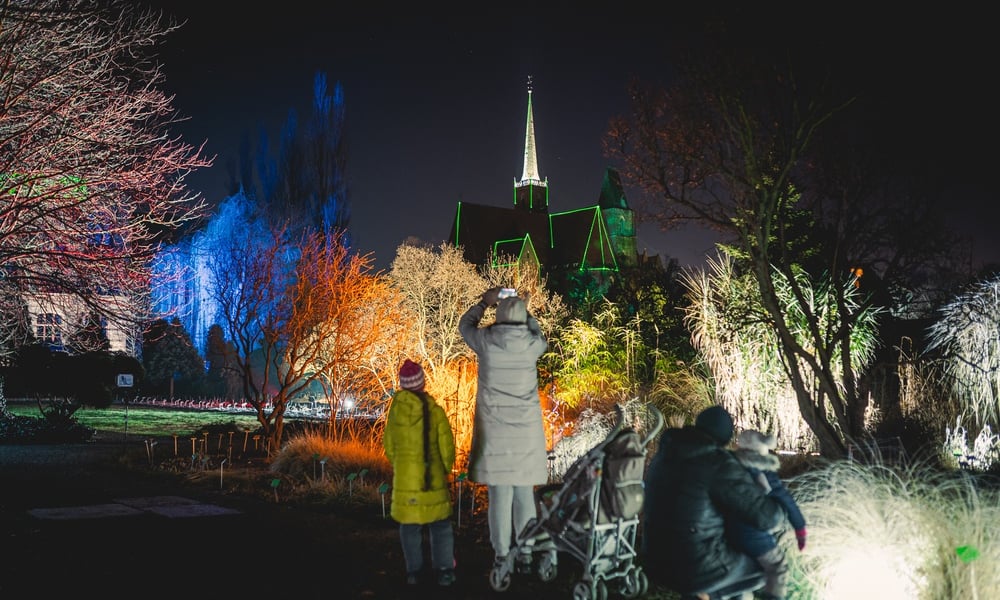 Tak wyglądała iluminacja wrocławskiego Ogrodu Botanicznego w ubiegłych latach. Na zdjęciu widać podświetlony różnymi kolorami Ogród, na pierwszym planie rodzina, która ogląda iluminacje. 