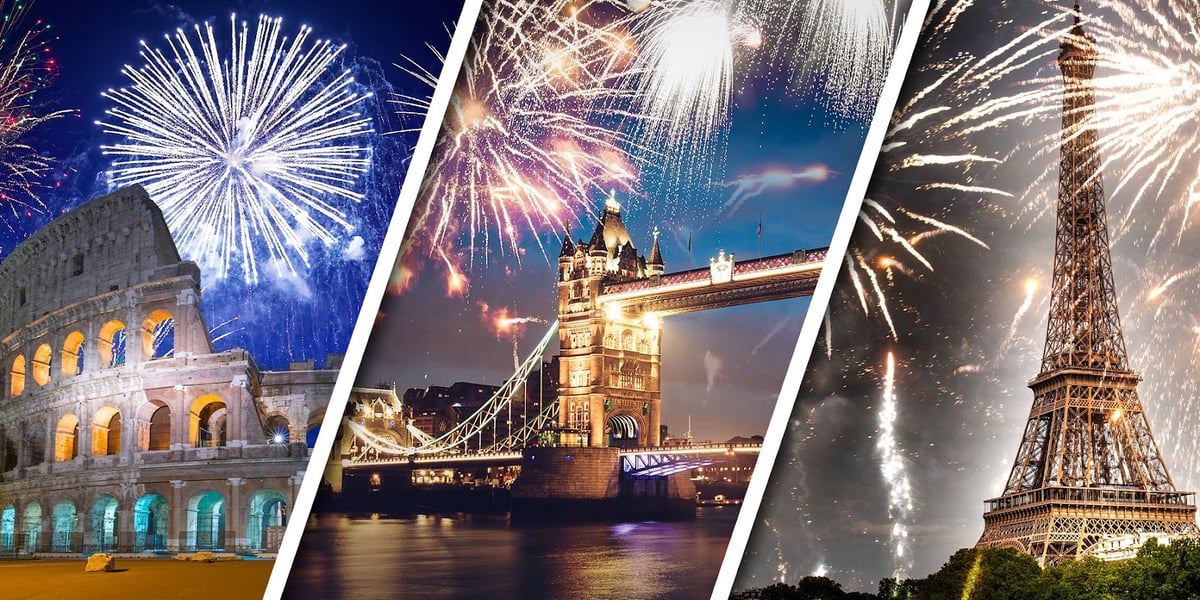 Na zdjęciu Koloseum w Rzymie, Tower Bridge w Londynie i wieża Eiffla w Paryżu - tu możesz spędzić Sylwestra 2022