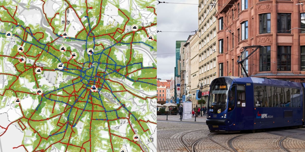 Na zdjęciu mapa dostępności komunikacyjnej Wrocławia oraz tramwaj MPK