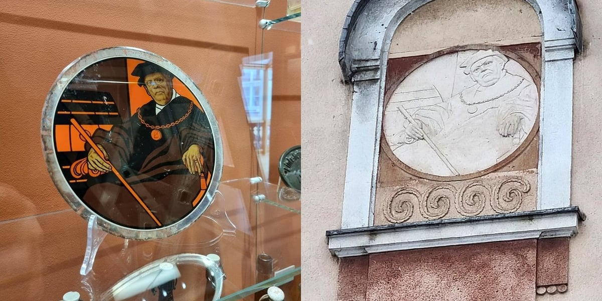 Na zdjęciu szyld browaru Schultheiss z wizerunkiem właściciela browaru oraz płaskorzeźba z Schultheissem na fasadzie kamienicy przy ul. Jedności Narodowej