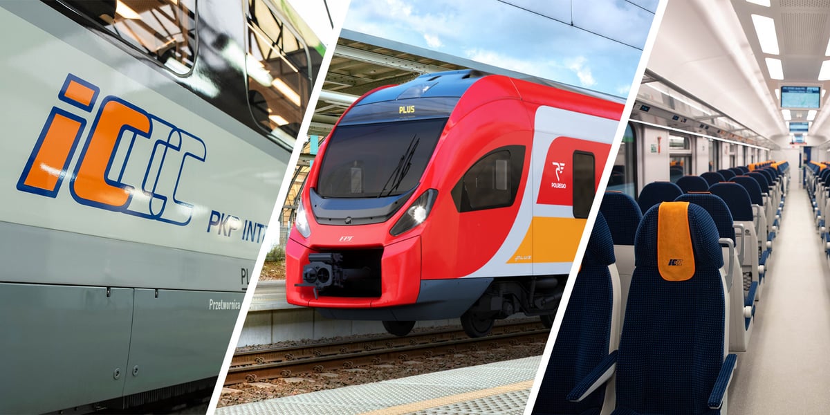 Na zdjęciu nowe wagony Intercity oraz czerwony pociąg Polregio