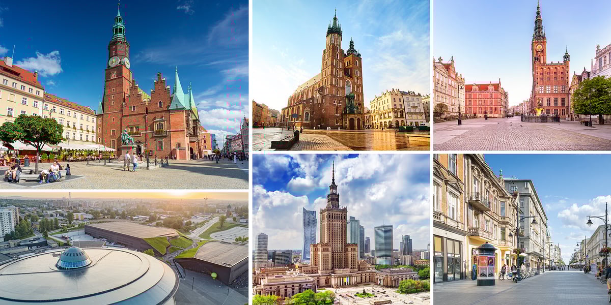 Na zdjęciu kolaż z widoku z miast: Wrocław, Kraków, Gdańsk, Katowice, Warszawa, Łódź
