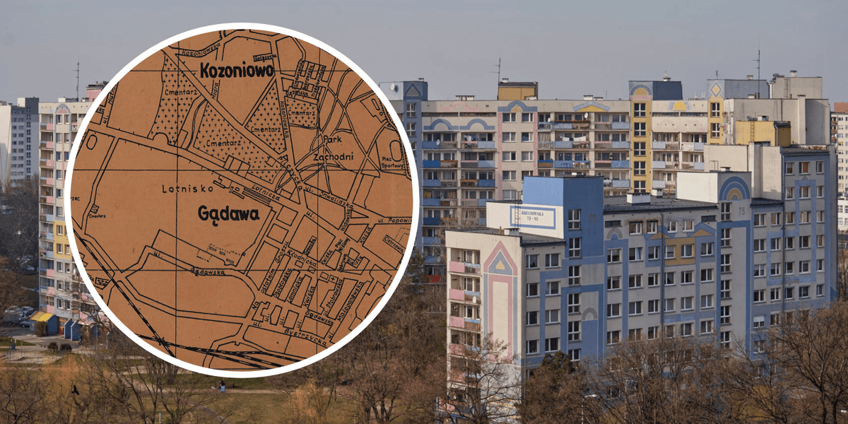 Mapa Wrocławia z lat 40. XX wieku (w kółeczku) na tle Kozanowa