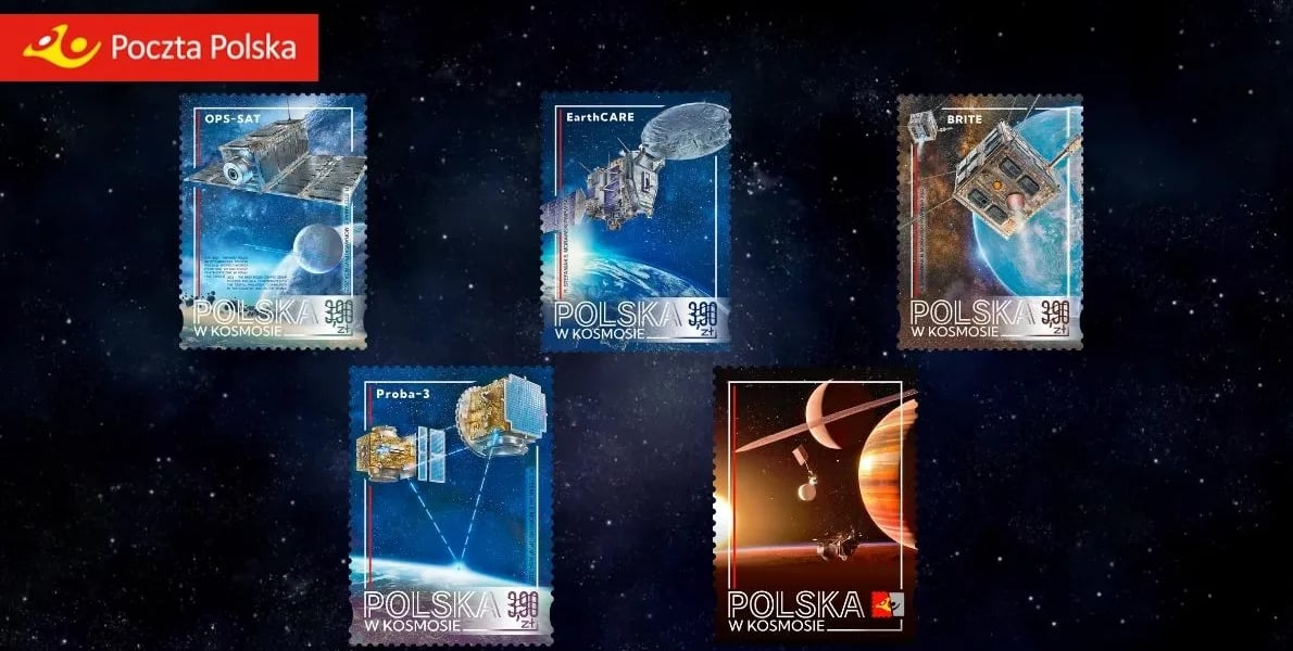 Na zdjęciu 4 wzory kryptoznaczków Poczty Polskiej - wersja kosmiczna