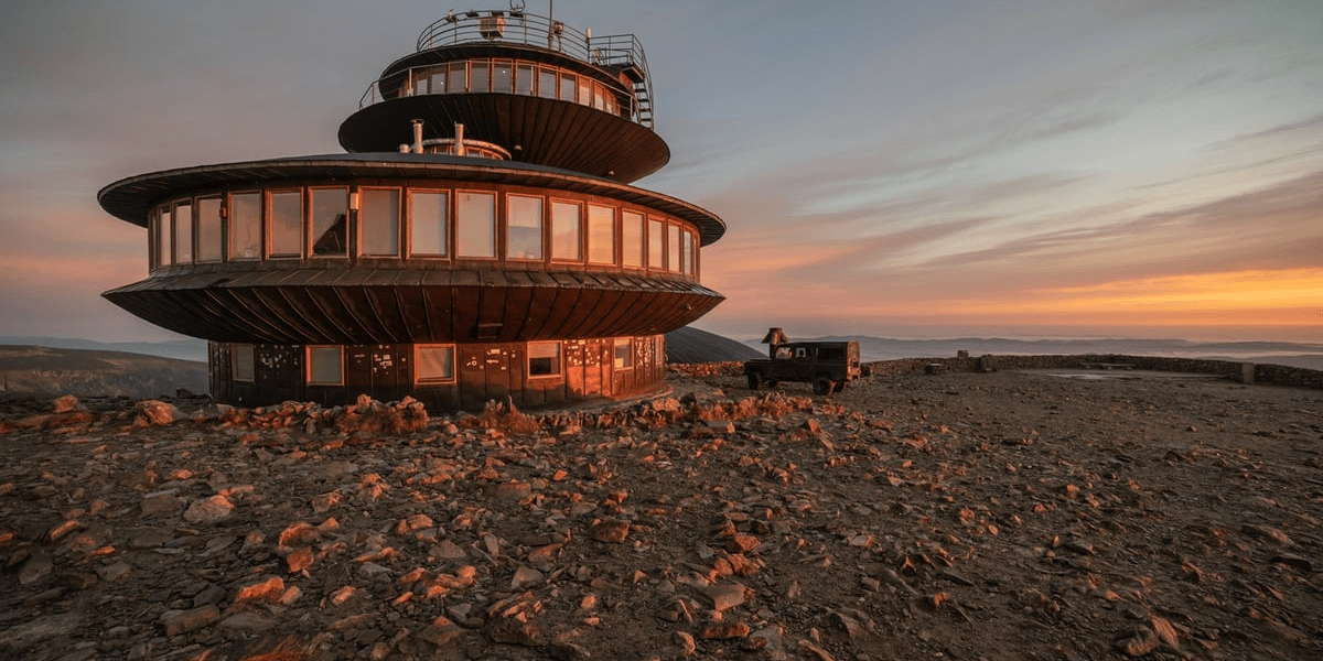 Na zdjęciu widać obserwatorium astronomiczne na Śnieżce i panoramę ze szczytu