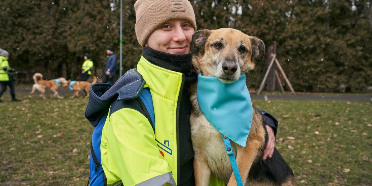 Na zdjęciu pies z TOZ Schroniska dla Bezdomnych Zwierząt na spacerze z wolontariuszką