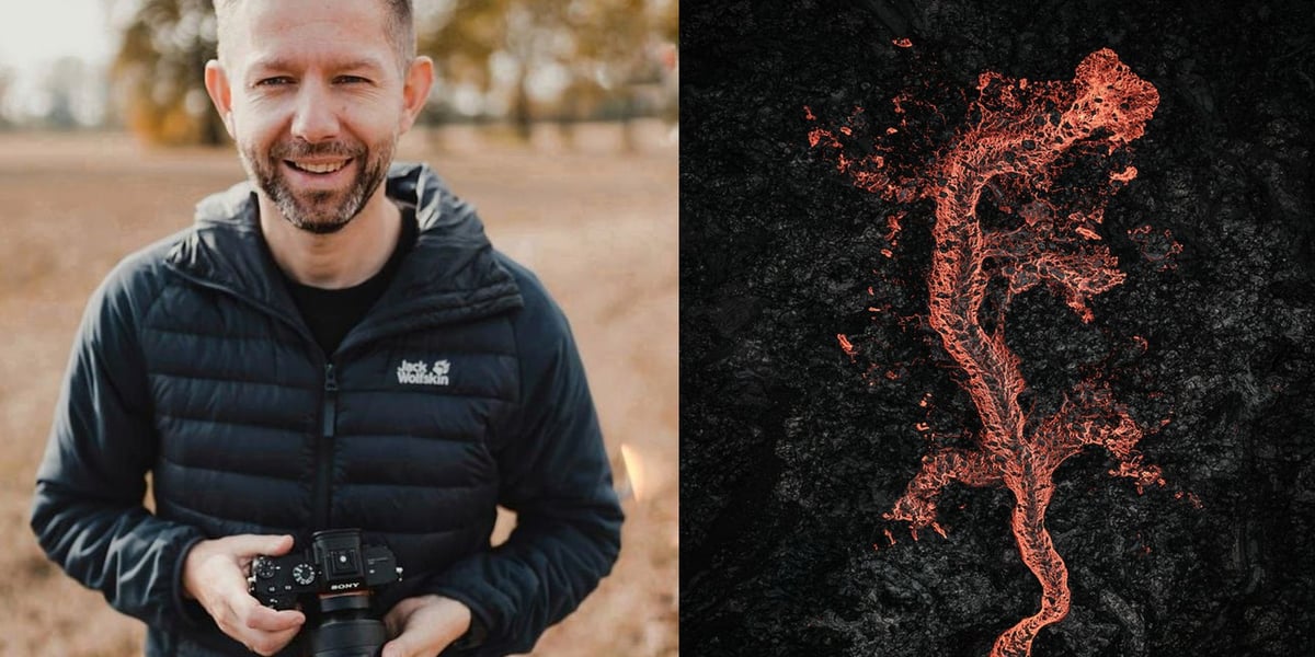 Na zdjęciu z lewej Michał Sadowski, z prawej jego zdjęcie lawy podczas erupcji wulkanu na Islandii, które zdobyło główną nagrodę w konkursie SkyPixel