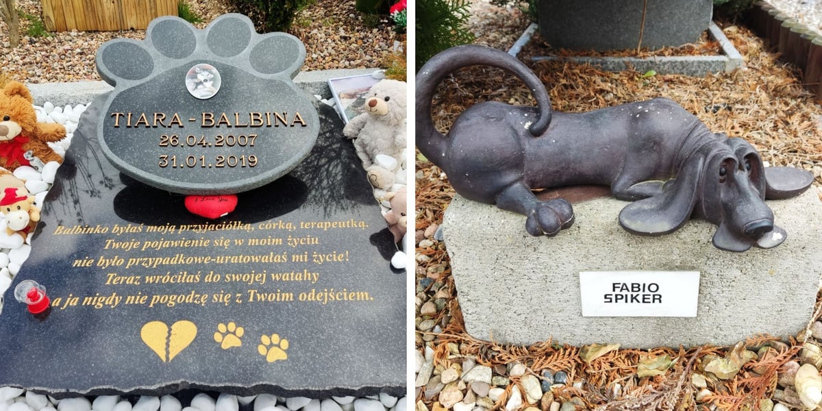 Cmentarz dla zwierząt Tęczowy Most w Szymanowie pod Wrocławiem. Zestawienie dwóch nagrobków