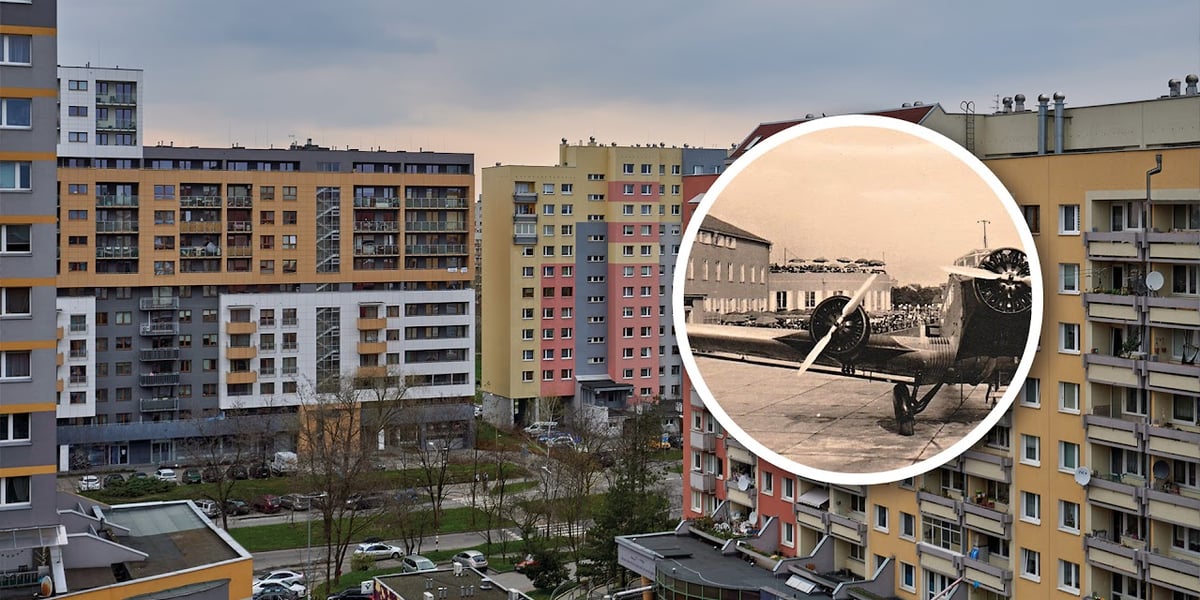 Osiedle na Gądowie Małym i zdjęcie samolotu, lata 1935-1939, źródło: Repozytorium Cyfrowe Instytutów Naukowych