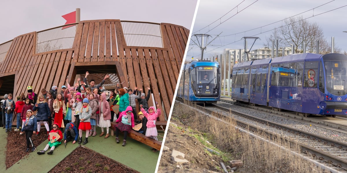 Dzieci bawiące się na nowym placu zabaw Średniowieczny Wrocław w parku Tysiąclecia i jadące po torowisku tramwaje
