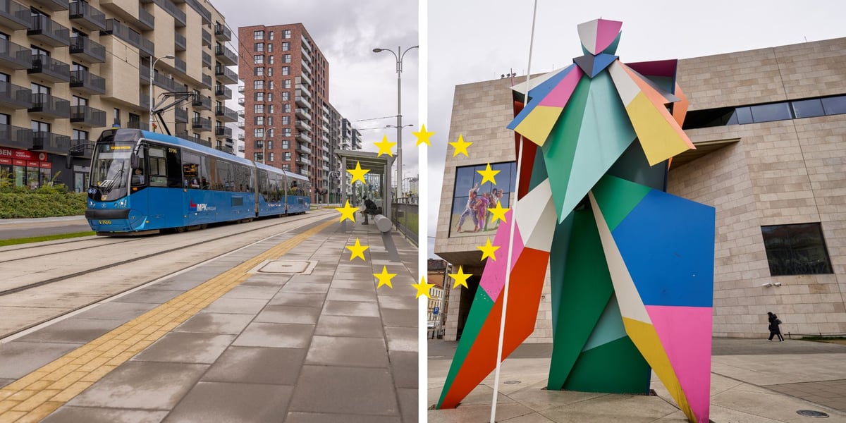 Tramwaj przy przystanku Port Popowice (po lewej) i Arlekin przed Capitolem (po prawej)