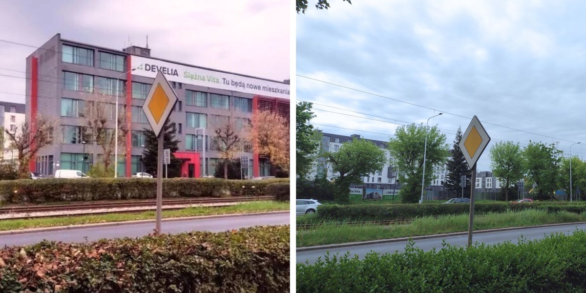 Widok Ślężnej z biurowcem (po lewej) i bez biurowca (po prawej) 