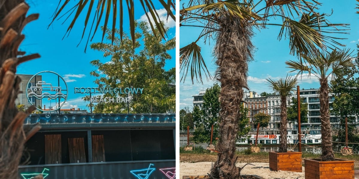 Po lewej: logo (statek na falach wpisany w okrąg) i szyld na kontenerze barowym Beach Baru Port Węglowy; po prawej: palmy w donicach drewnianych  