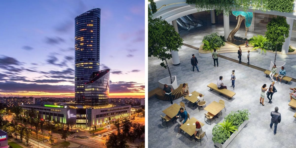 Z lewej strony Sky Tower nocą, z prawej wizualizacja, jak wkrótce w środku będzie wyglądać galeria we wrocławskim wieżowcu
