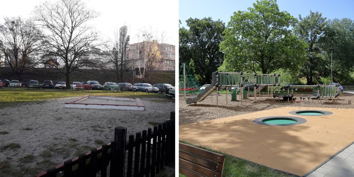 Z lewej strony: podwórko przy Pszennej przed konsultacjami, stara piaskownica otoczona płotem. Z prawej: nowy plac zabaw z trampolinami, zjeżdżalnią, ruchomym mostkiem i piramidą linową.