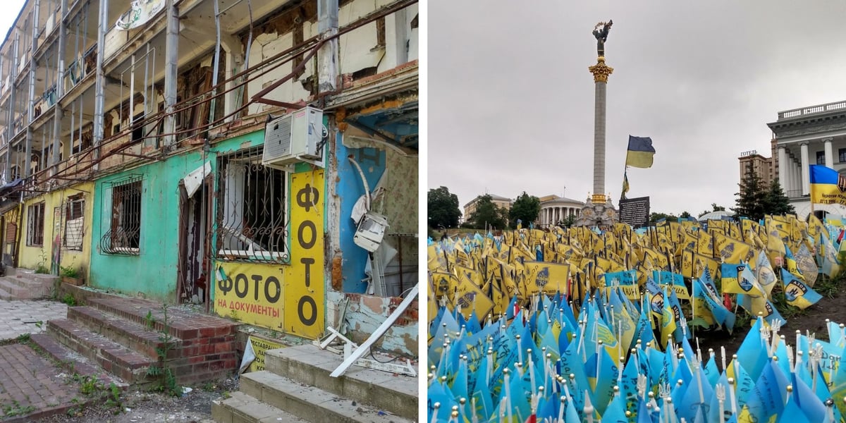 Zniszczony blok, w który trafiła rosyjska rakieta / Setki ukraińskich flag na Majdanie Niezależności w centrum Kijowa