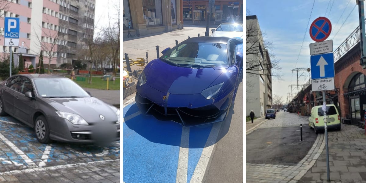 "Mistrzowie parkowania" z Wrocławia. Na zdjęciu widać auta zaparkowane na ulicach Wrocławia w nieprawidłowy sposób, w miejscach niedozwolonych