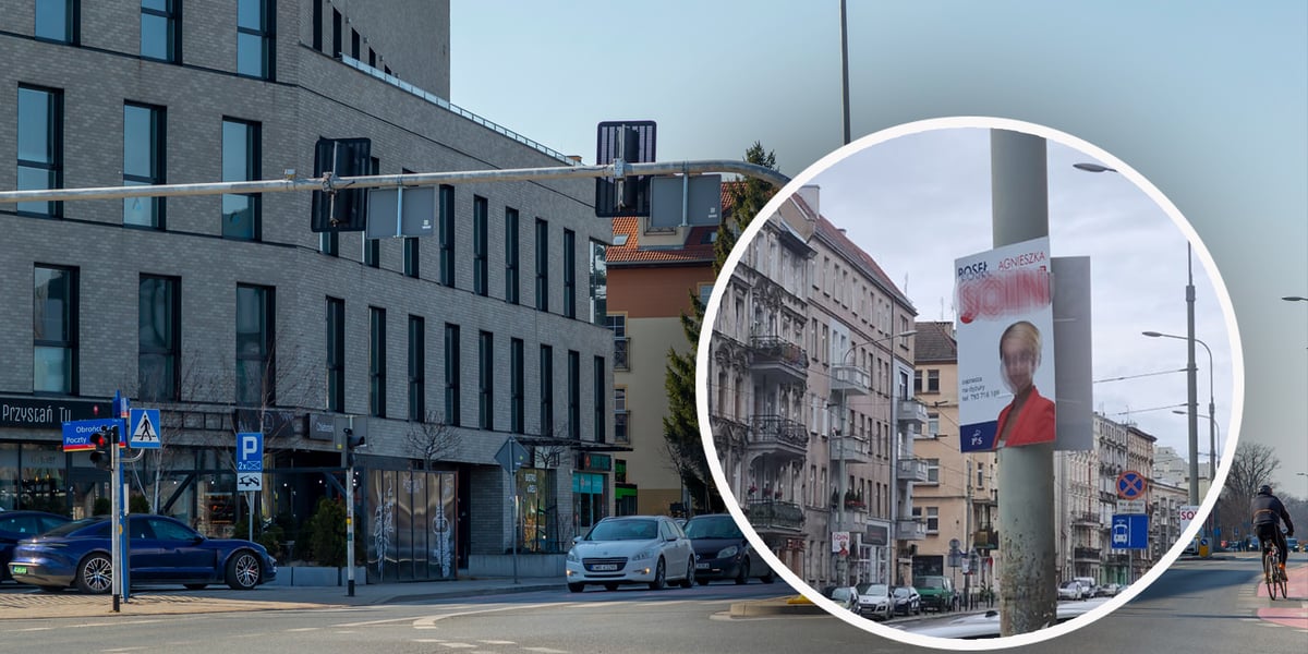Nielegalnie umieszczone plakaty reklamowe na miejskich latarniach