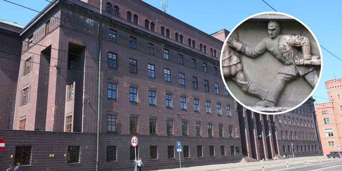 Budynek Komendy Wojewódzkiej Policji przy Podwalu. W prawym górnym rogu fragment rzeźby Kupscha z figurą policjanta