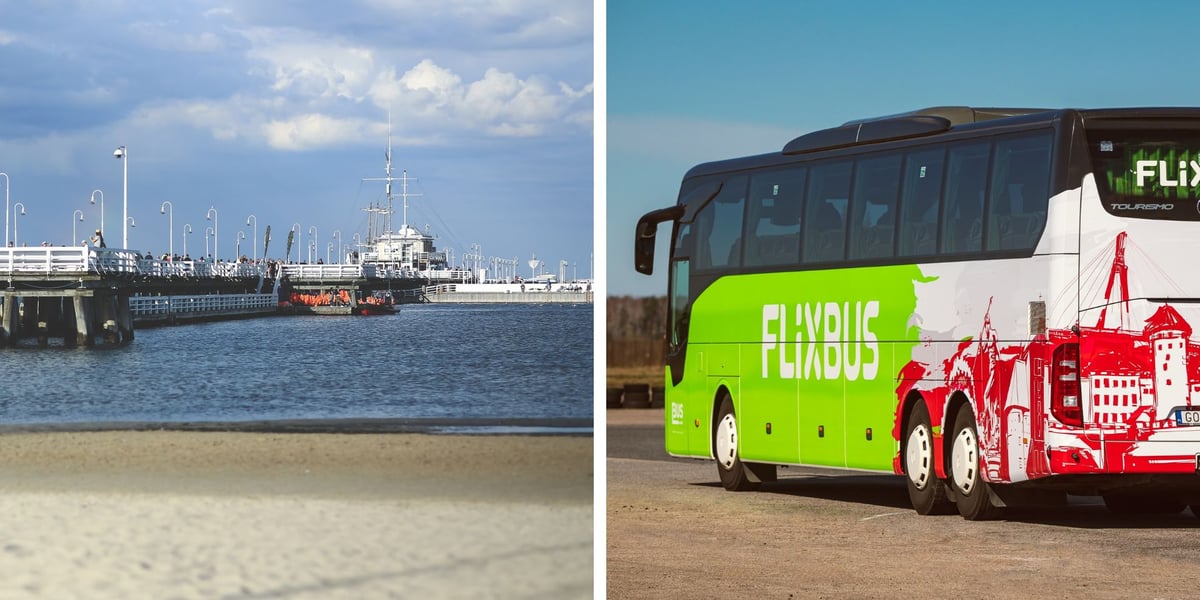 Po lewej: Bałtyk i molo w Sopocie, po prawej: autokar firmy Flixbus
