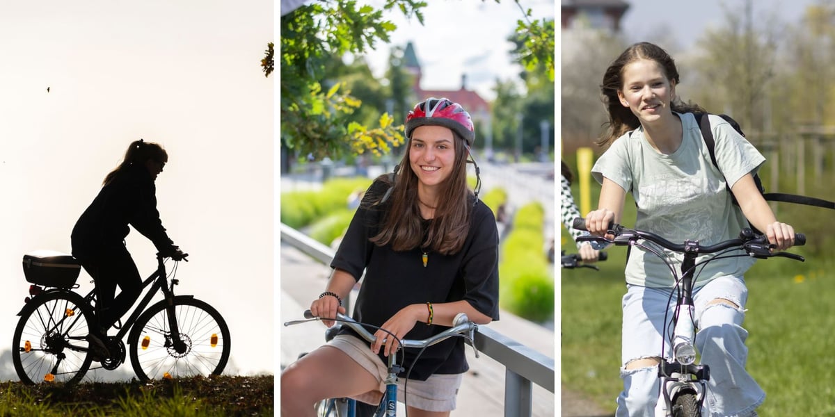 Kolaż trzech zdjęć przedstawiających rowerzystki we wrocławskich plenerach