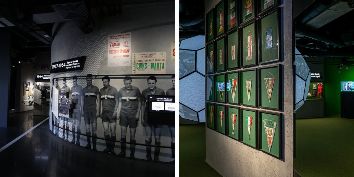 Muzeum piłkarskiego Śląska Wrocław na stadionie Tarczyński Arena. Widać eksponaty - drużynę klubu sprzed lat i ścianę z proporczykami 