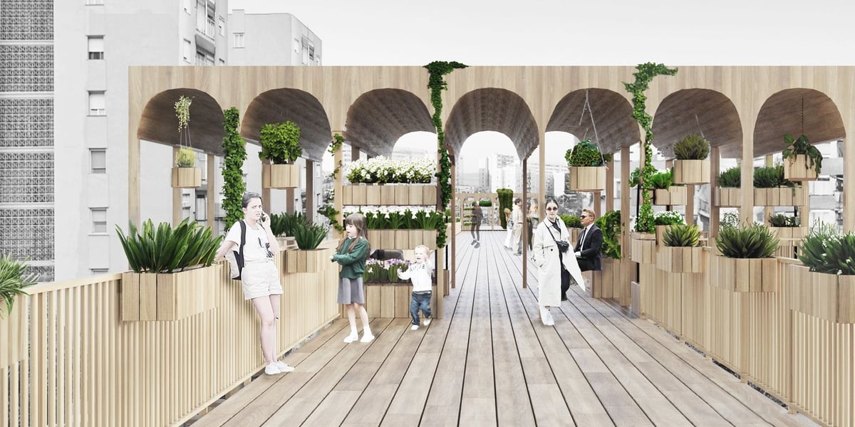 Wizualizacja projektu rewitalizacji dzielnicy Ciutat Meridiana w Barcelonie autorstwa Michała Wąsika i Sebastiana Kawalca. Widoczny akwedukt, bloki, mieszkańcy i zieleń