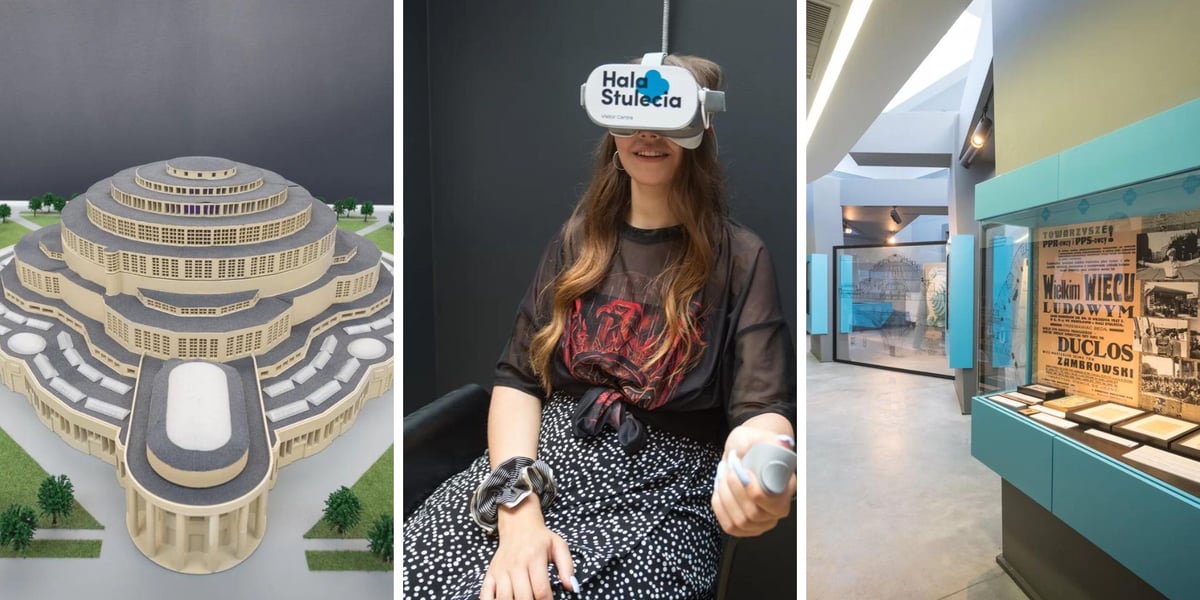 Visitor Centre w Hali Stulecia, makiety, osoba w goglach VR