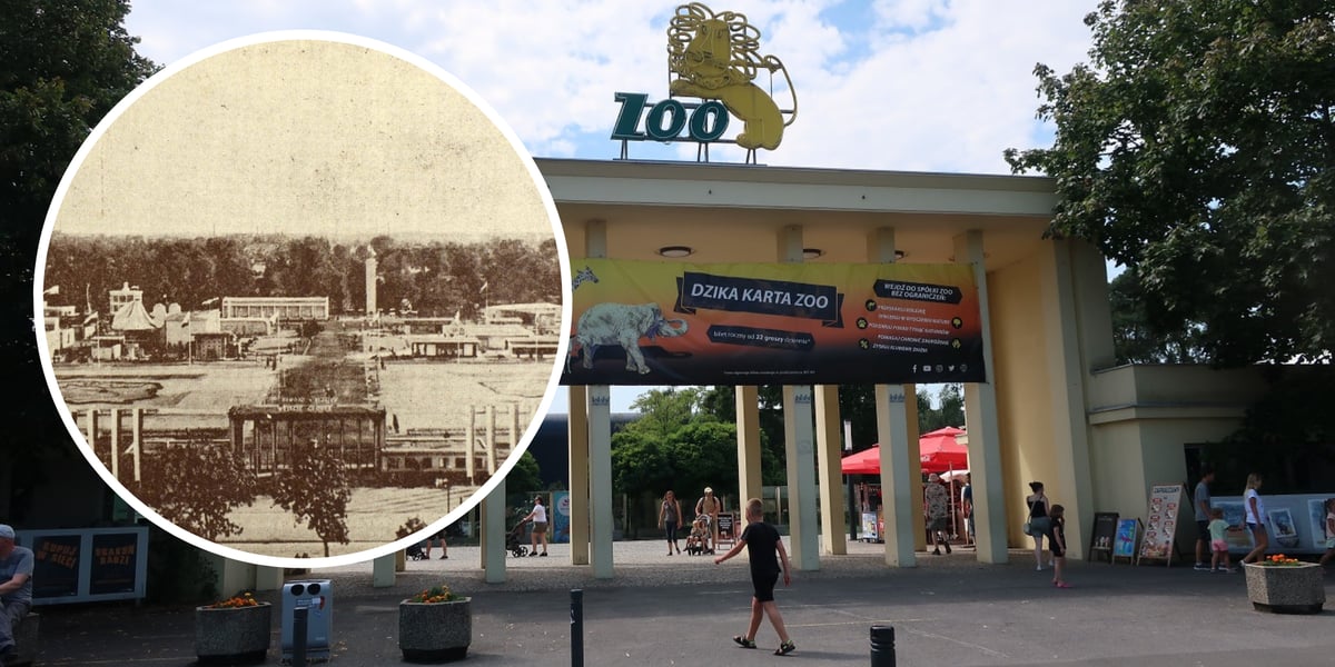 Brama wejściowa do zoo. Na zdjęciu w kółeczku - widać tę samą bramę w czasach Wystawy Ziem Odzyskanych
