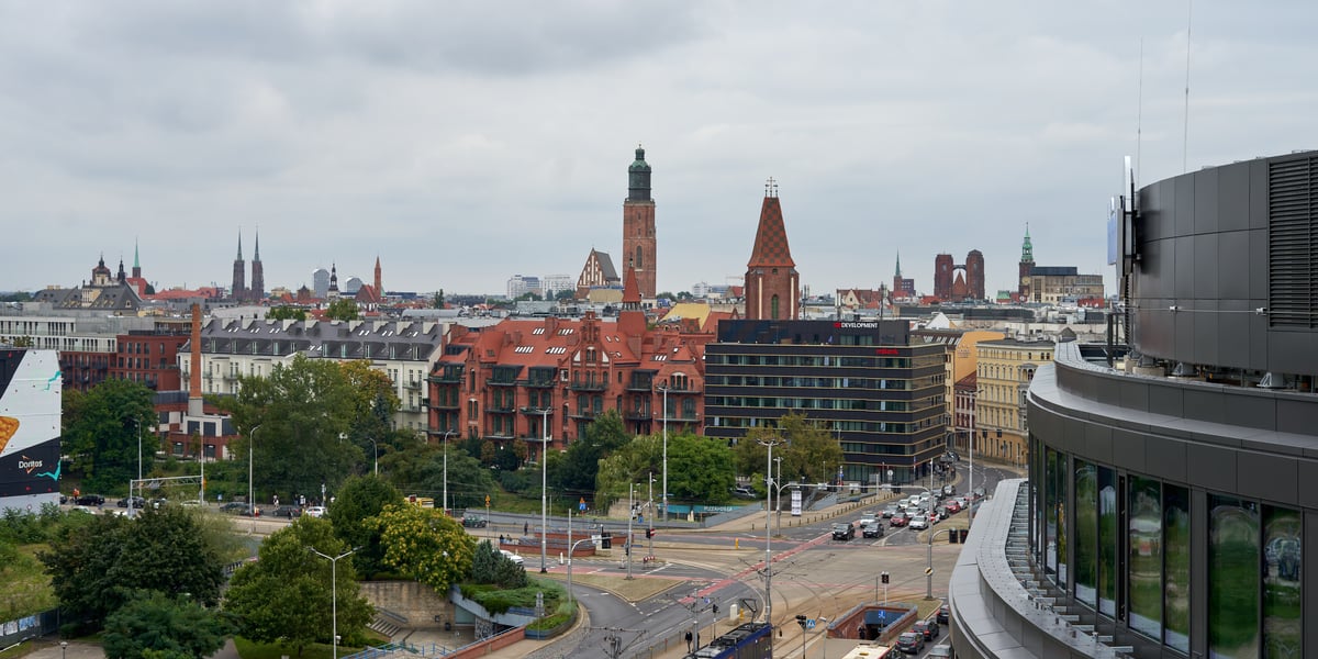 Widok na Wrocław z lotu ptaka - na zdjęciu m.in. Legnicką, pl. Jana Pawła II, Podwale