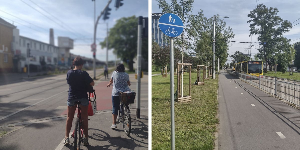 Dwójka rowerzystów przed przejazdem i droga rowerowa wzdłuż TAT