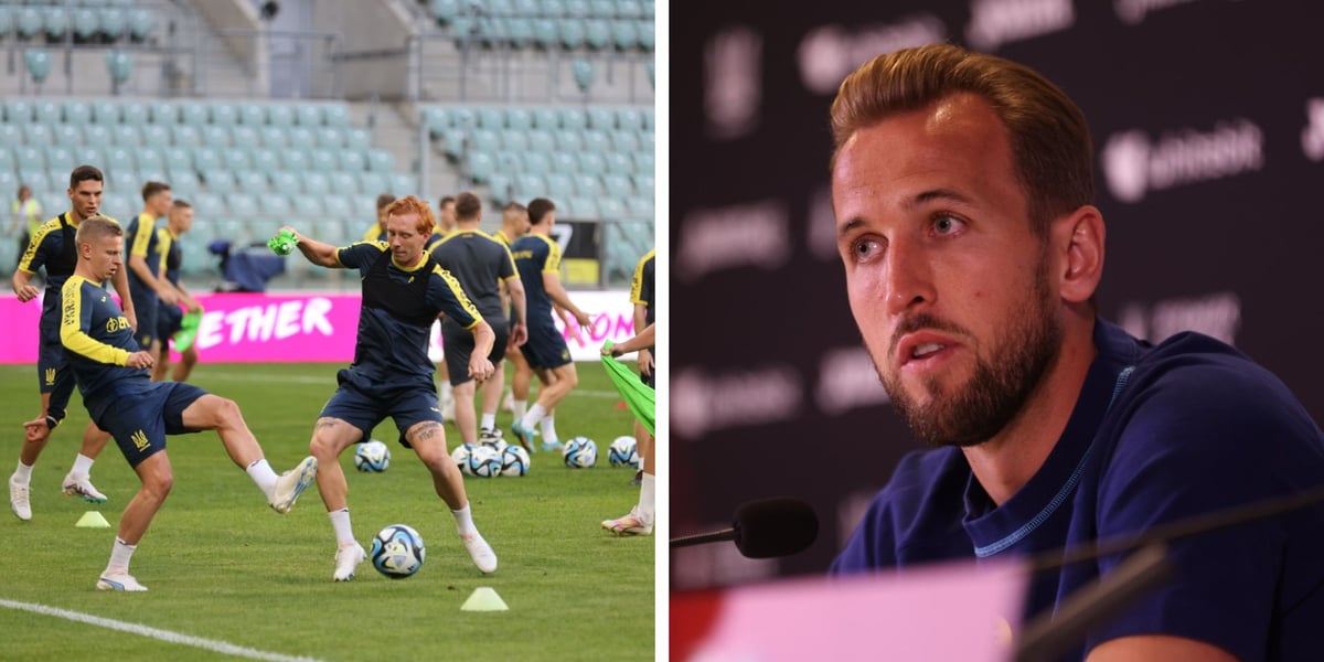 Piłkarze reprezentacji Ukrainy trenują na Tarczyński Arenie (z lewej), Harry Kane, napastnik Anglików, na konferencji prasowej przed meczem (z prawej)