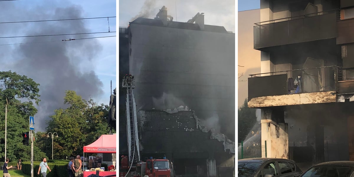 Dym widoczny z placu Kościuszki, zajęta ogniem elewacja budynku i dym sięgający trzeciego piętra z drugiej strony budynku