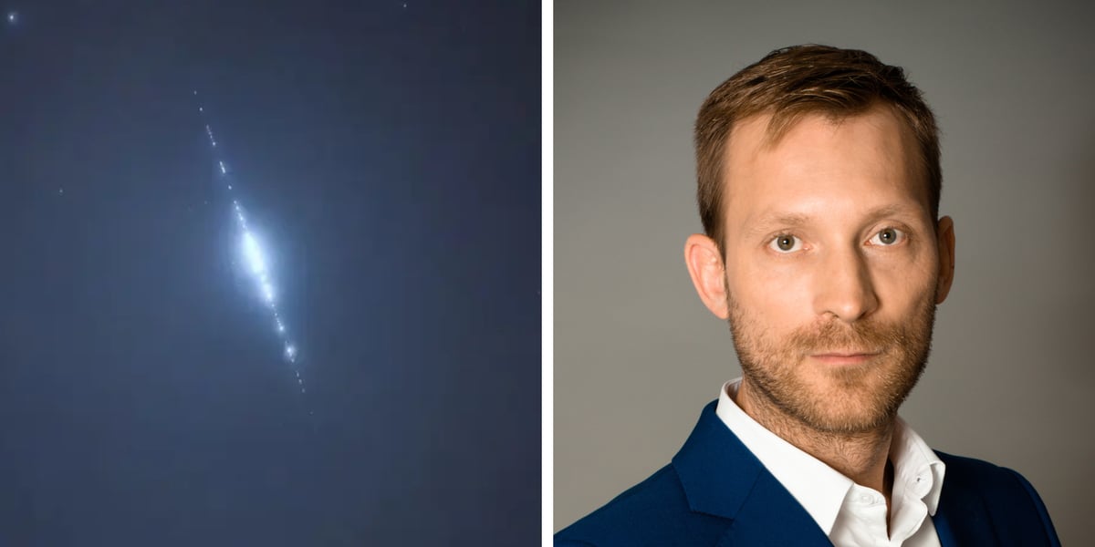 Starlinki. Z prawej Zbigniew Zając, twórca kanału Nocne Niebo na Youtube, astronom amator. Obok pociąg starlinków na nocnym niebie