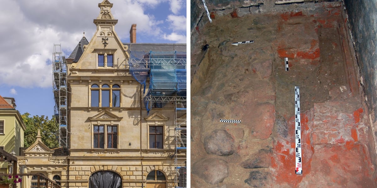 Po lewej: fragment remontowanego zabytku na ul. Gepperta, po prawej: kamienny fundament muru międzymurza z XIII wieku