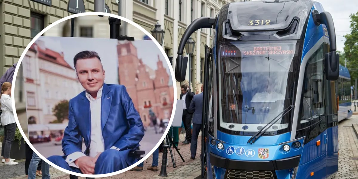Z lewej w kółku Bartek Skrzyński, z prawej niebieski tramwaj z jego imieniem i nazwiskiem.