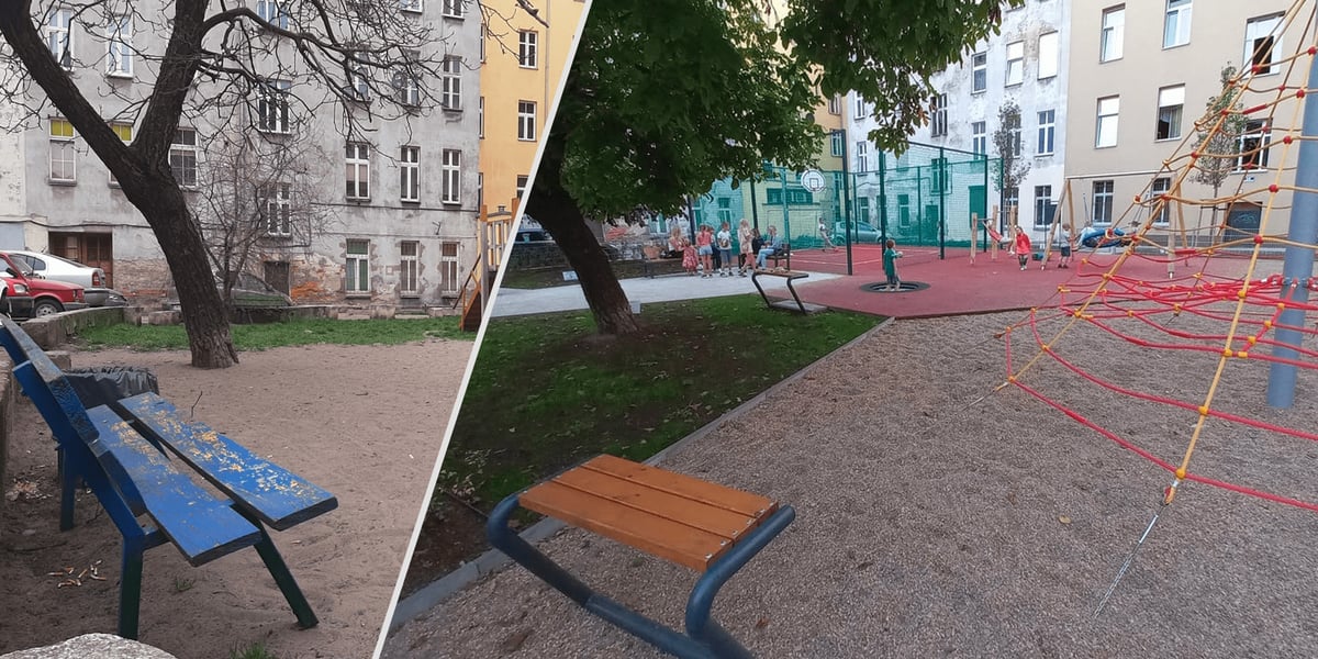 Plac zabaw przy Barlickiego. Z lewej: przed konsultacjami społecznymi, z prawej: po przebudowie.