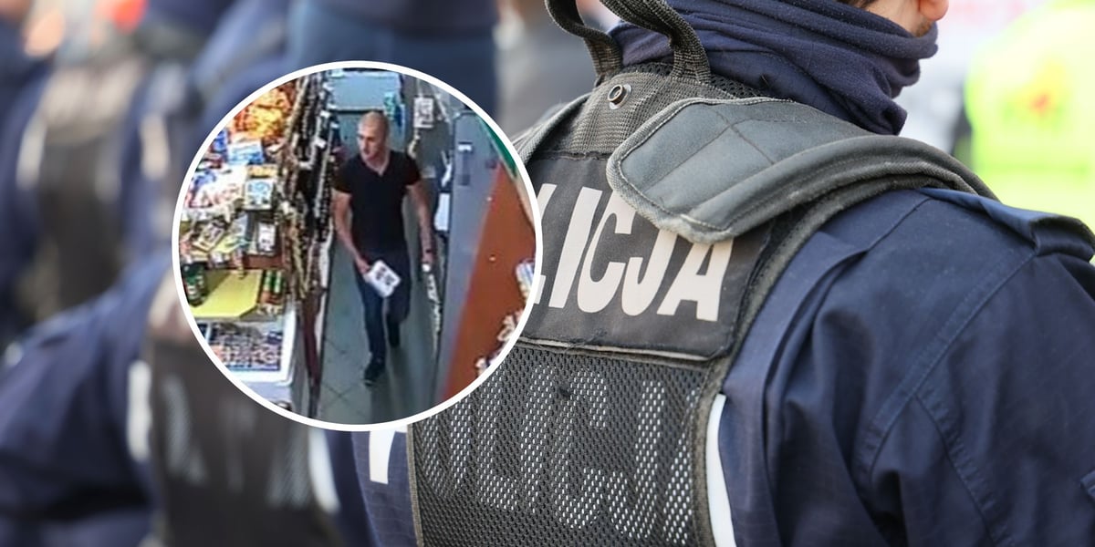 Policjanci w mundurach, w kółku poszukiwany mężczyzna 