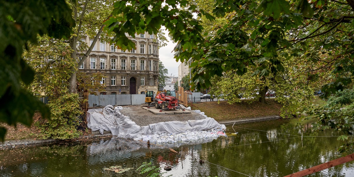 Listowie drzewa i miejsce nad fosą, gdzie wisiała Kładka św. Antoniego