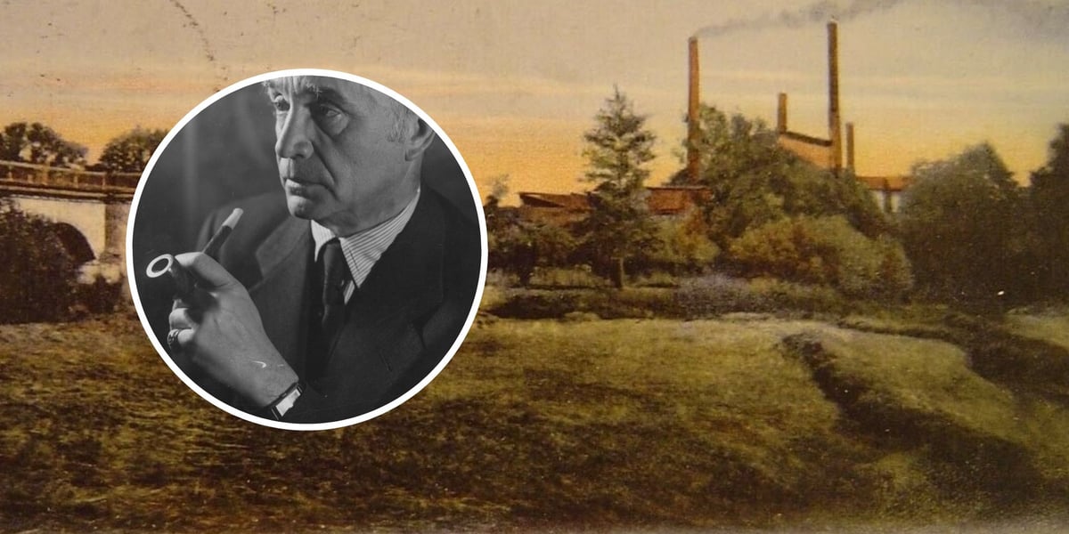 Kolaż dwóch zdjęć. Fryderyk Bergius, w tle fragment pocztówki przedstawiającej dawną fabrykę chemiczną w Złotnikach pod Wrocławiem