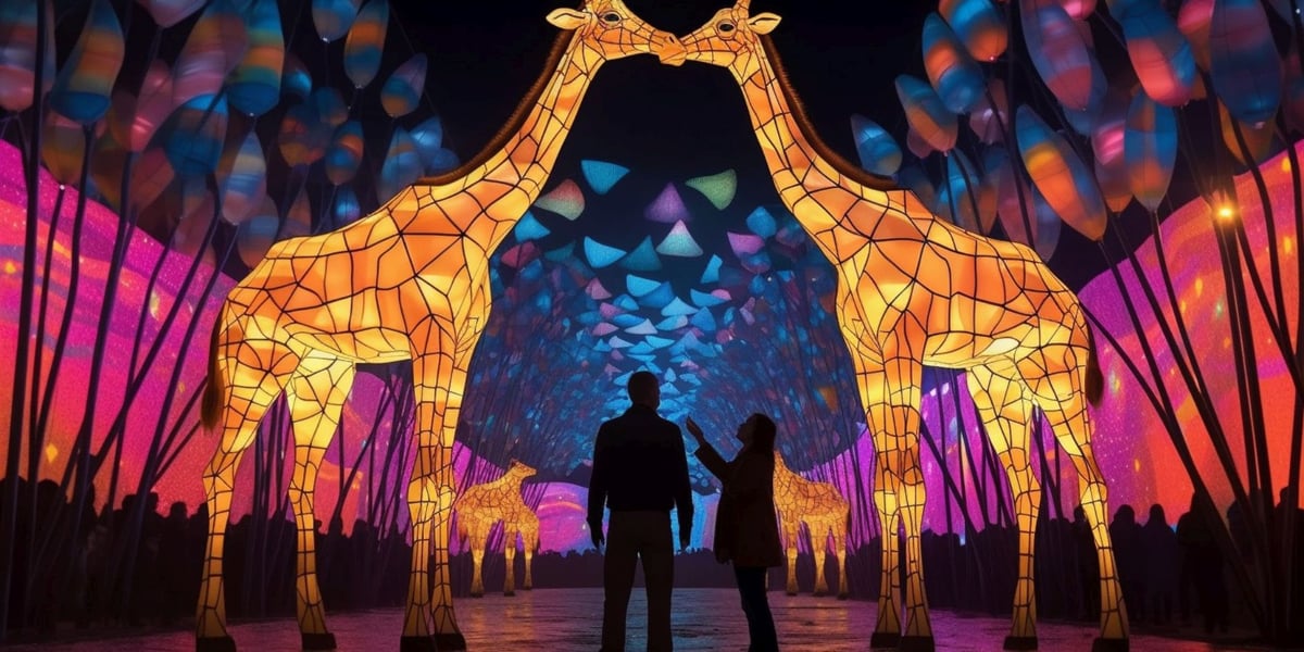 Ogrody Świateł - Garden of Lights. Wizualizacja części wystawy z żyrafami