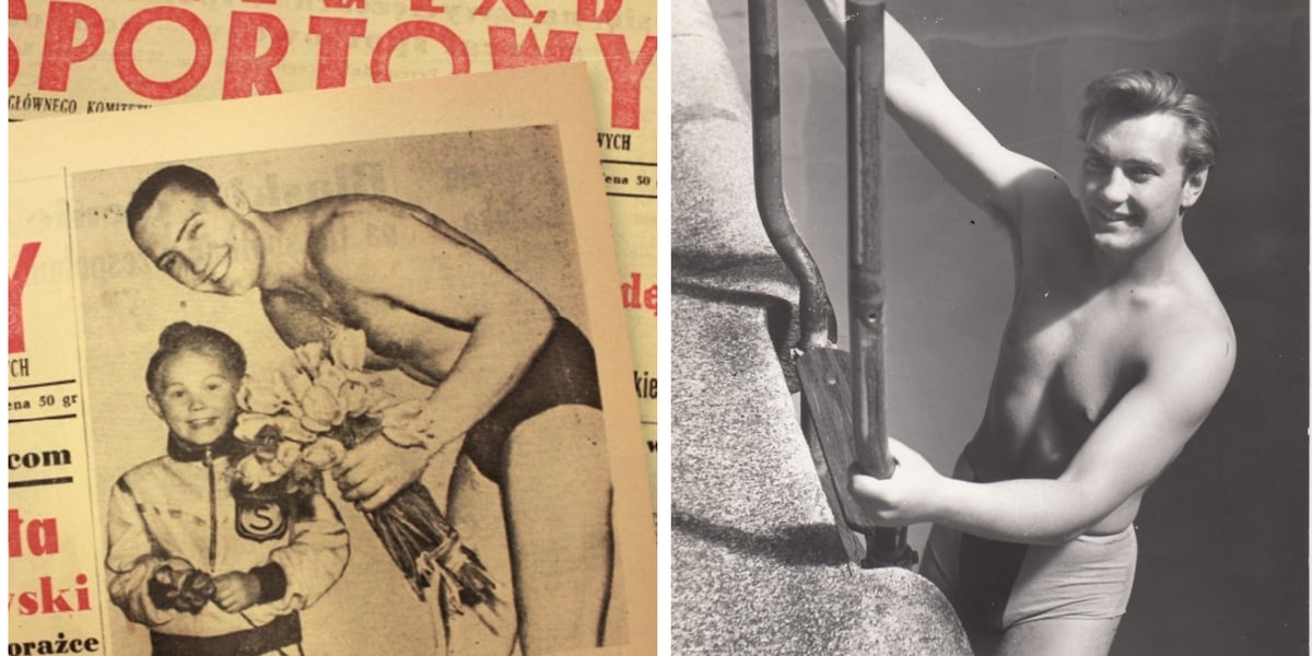 Z lewej Marek Petrusewicz w "Przeglądzie Sportowym",  z prawej na drabince w basenie, rok 1954