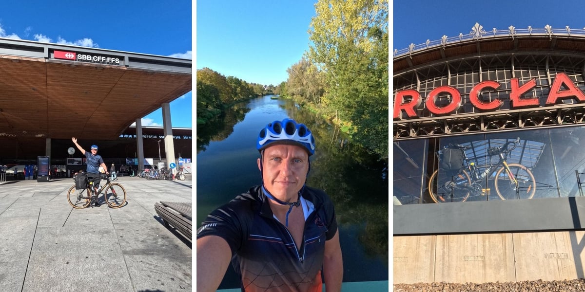 Kolaż trzech zdjęć: Marin Płachno w Zurychu, Marcin Płachno nad rzeką, rower Marcina na dworcu we Wrocławiu