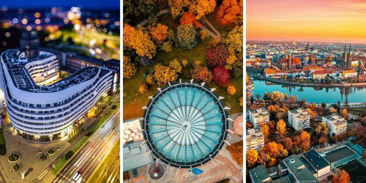 Od lewej Hilton nocą, obok Panorama Racławicka jesienią, z prawej widok na Odrę