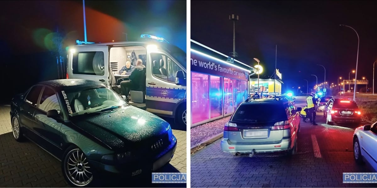 Kolaż dwóch zdjęć - nocne kontrole policyjne w Bielanach Wrocławskich