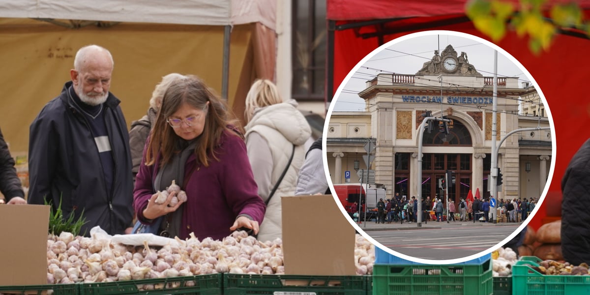 Kobieta w okularach i śliwkowej kurtce wybiera czosnek rozłożony na straganie; obok niej stoi mężczyzna z siwą brodą (zdjęcie główne). Tłum przed budynkiem Dworca Świebodzkiego (zdjęcie w kółku)  