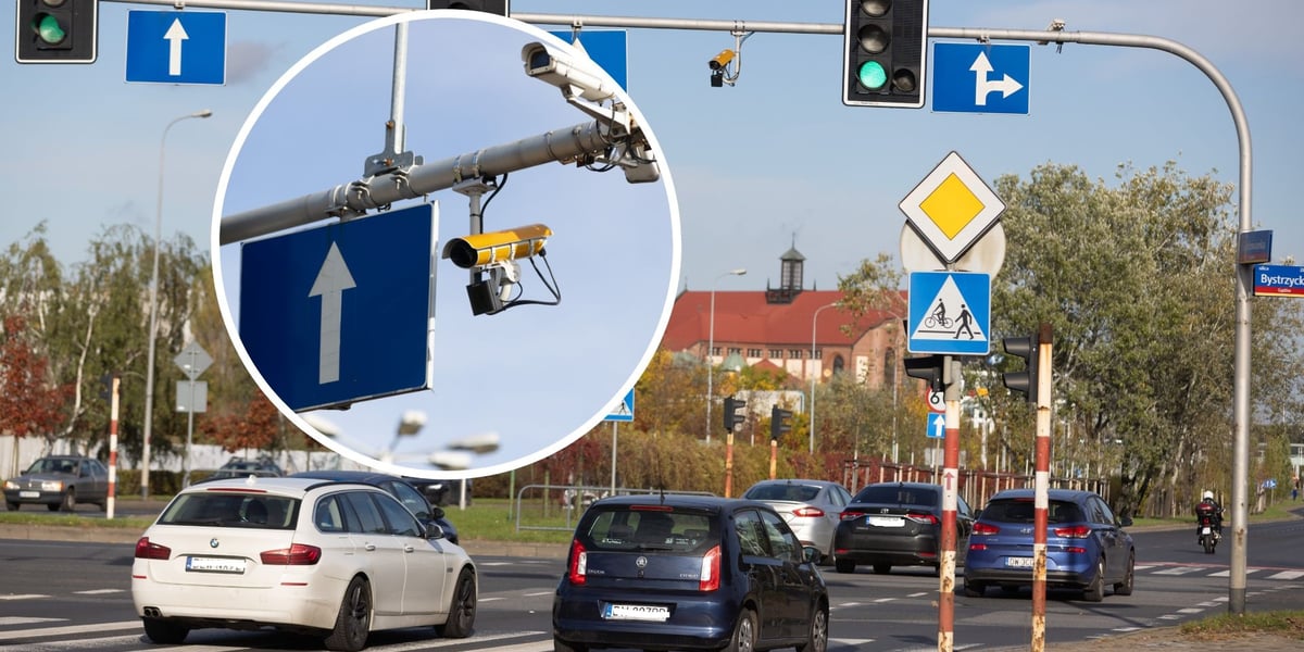 Samochody na skrzyżowaniu ulic Bystrzycka - Na Ostatnim Groszu - estakada Gądowianka i żółte kamery CANARD 