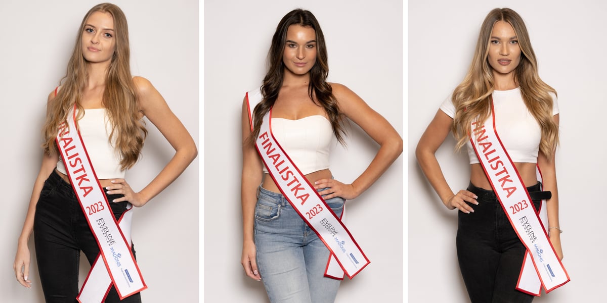 Finalistki konkursu Polska Miss 2023. Od lewej Eliza Ciuła, Patrycja Czarny, Amanda Bialic w białych szarfach z napisem "Finalistka"
