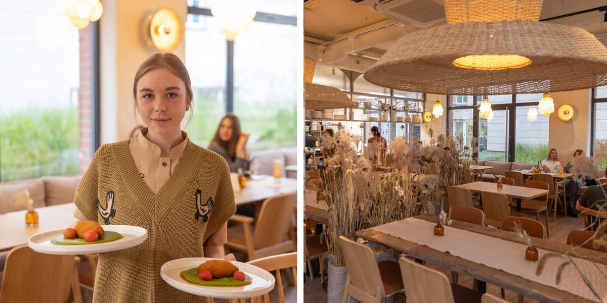 Restauracja Nai. Od lewej: młoda kelnerka z potrawami na dwóch talerzach, wnętrze z wiklinowymi abażurami